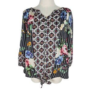 Figueroa & Flower Top Sz PM Floral & Checkered Multi Prints Boho Cottagecore